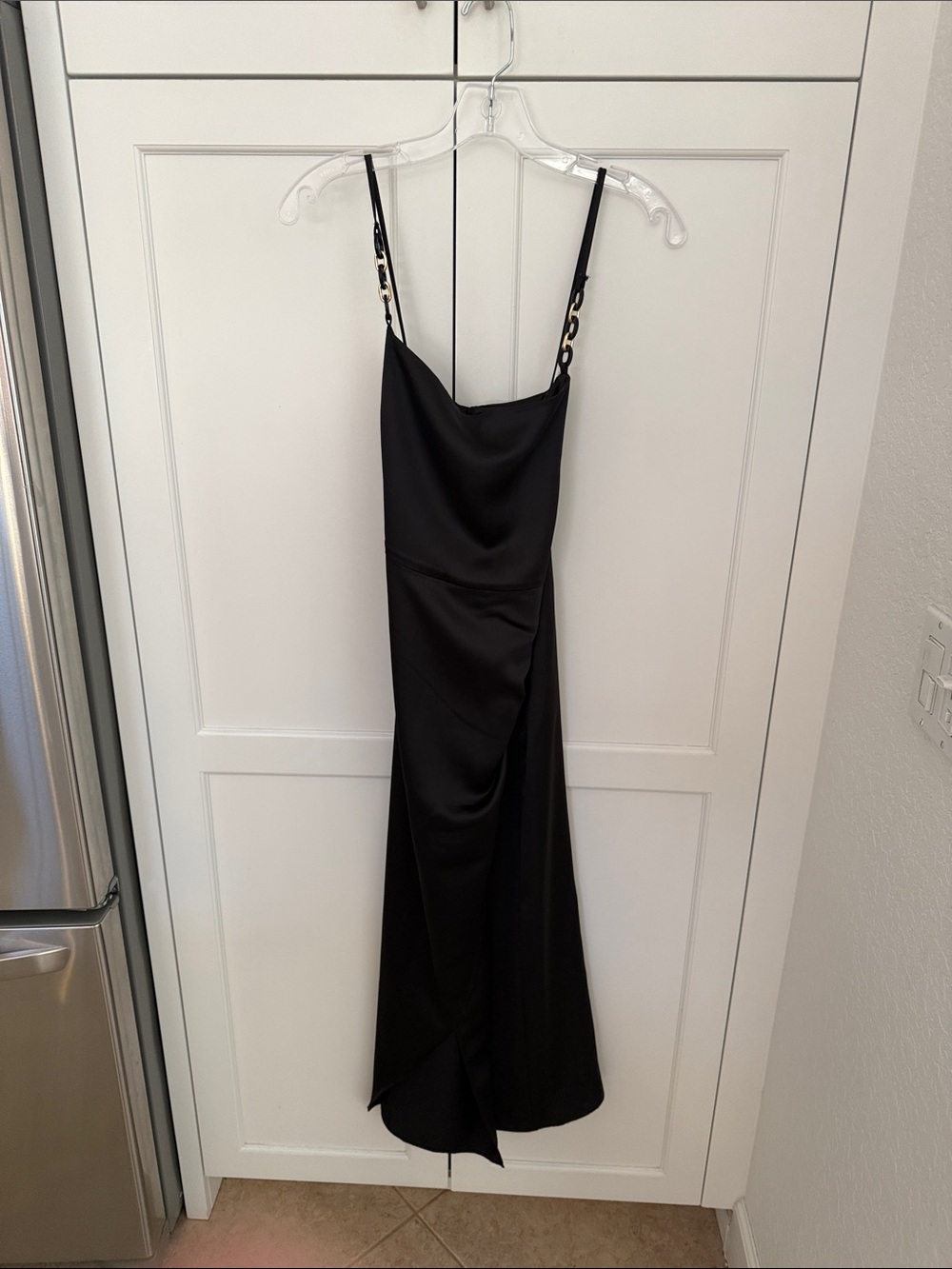 Zara Black Strapless Satin Slip Dress with Chain-Link Straps